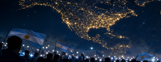 Un mapa nocturno del mundo dibujado por las luces de las ciudades donde firmaron testigos, sobre una multitud con las luces de sus teléfonos en alto.
