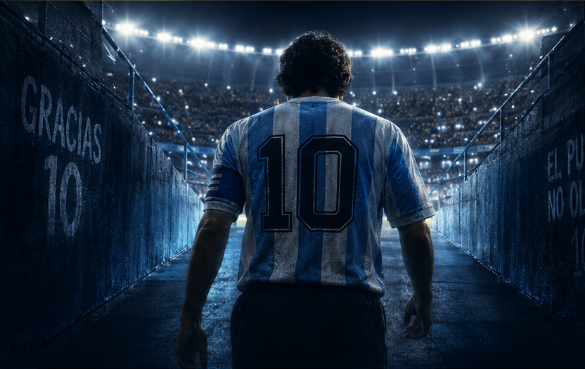 Un jugador con la camiseta número 10 de la Argentina saliendo del túnel de un estadio iluminado, con las paredes pintadas «Gracias 10».