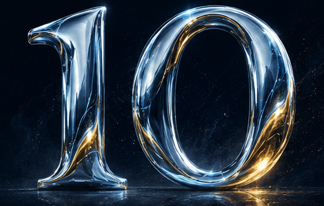 El número 10 como una escultura de cromo líquido iluminada en azul hielo y dorado.